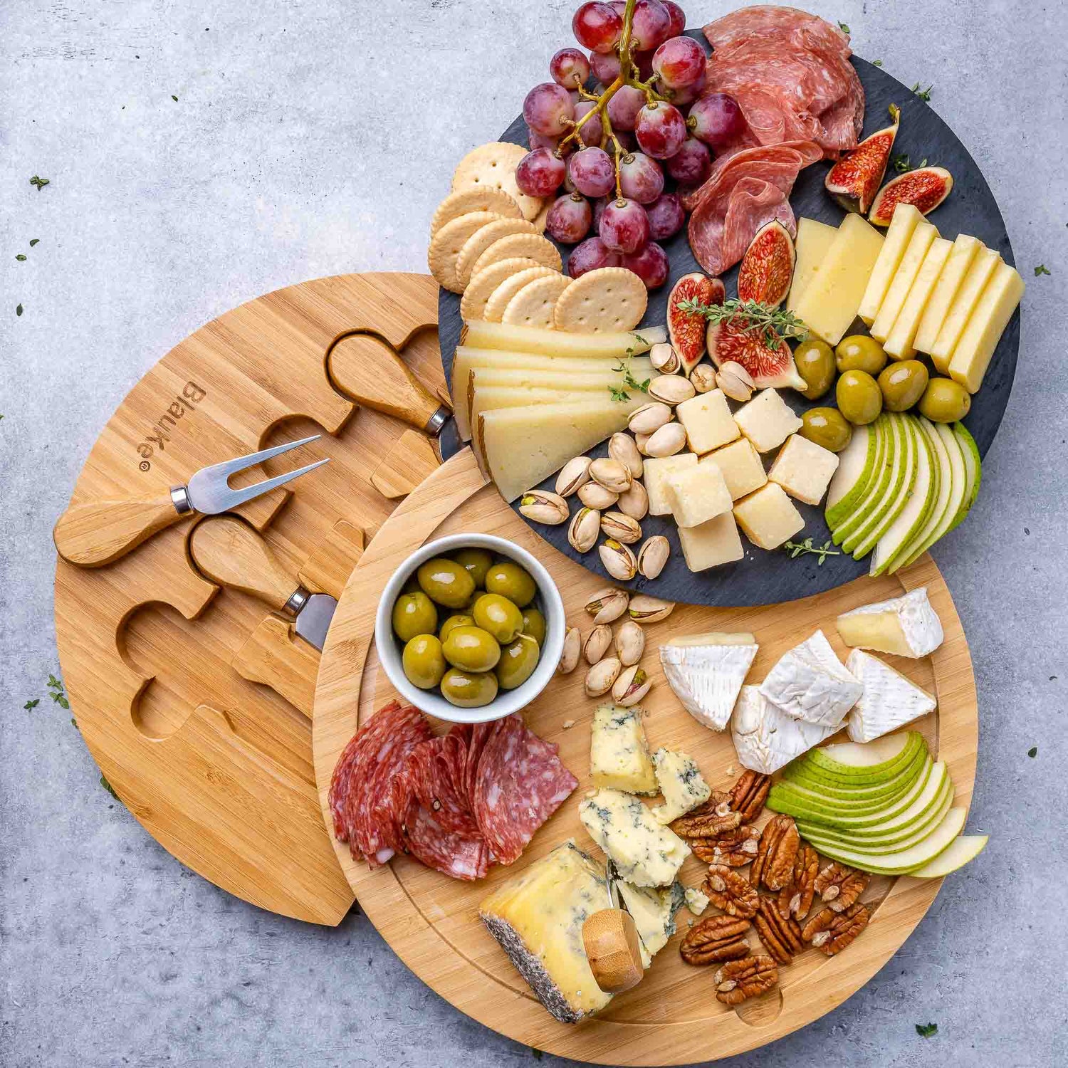 Round Bamboo Cheese Board with Knife Set and Removable Slate - 12 inch - Homemade Hooplah's Hullabaloo