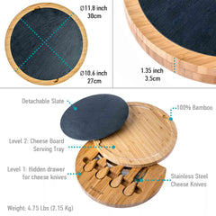 Round Bamboo Cheese Board with Knife Set and Removable Slate - 12 inch - Homemade Hooplah's Hullabaloo