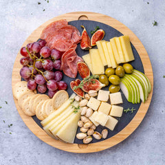 Round Bamboo Cheese Board with Knife Set and Removable Slate - 12 inch - Homemade Hooplah's Hullabaloo