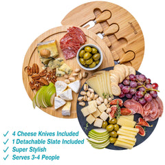 Round Bamboo Cheese Board with Knife Set and Removable Slate - 12 inch - Homemade Hooplah's Hullabaloo