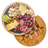 Round Bamboo Cheese Board with Knife Set and Removable Slate - 12 inch - Homemade Hooplah's Hullabaloo