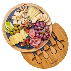 Round Bamboo Cheese Board with Knife Set and Removable Slate - 12 inch - Homemade Hooplah's Hullabaloo